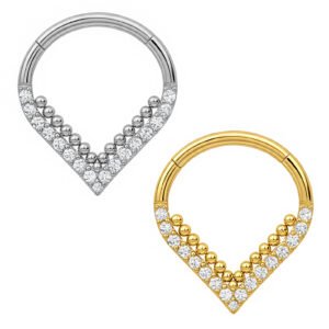 Anello Clicker V di Titanio con Zirconi e Beads