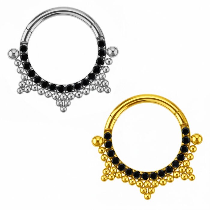 Anello Clicker di Titanio ASTM F136 con Piramide Beads e Zirconi - immagine 3