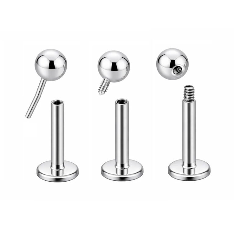 Schema van push-pin-, interne-schroefdraad- en externe-schroefdraadsluitingen voor piercings.