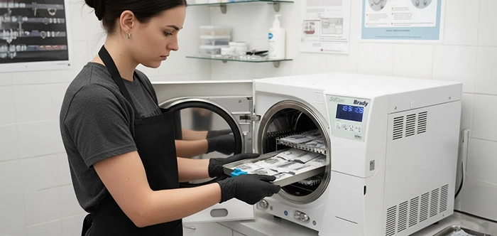 Autoclave professionale in un ambiente di studio di body piercing