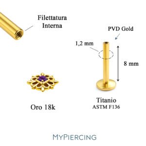 Labret Mandala in Oro 18k con Ametista Scura