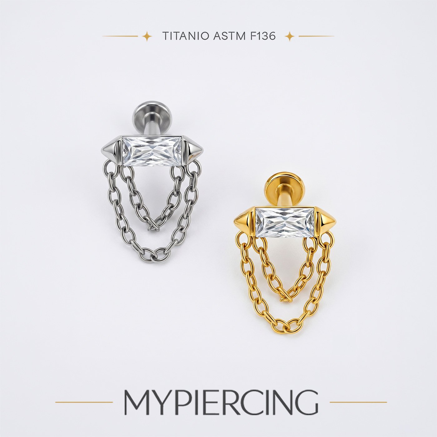 Labret Baguette di Zirconia con Catene in Titanio ASTM F136 Push Pin - immagine 2