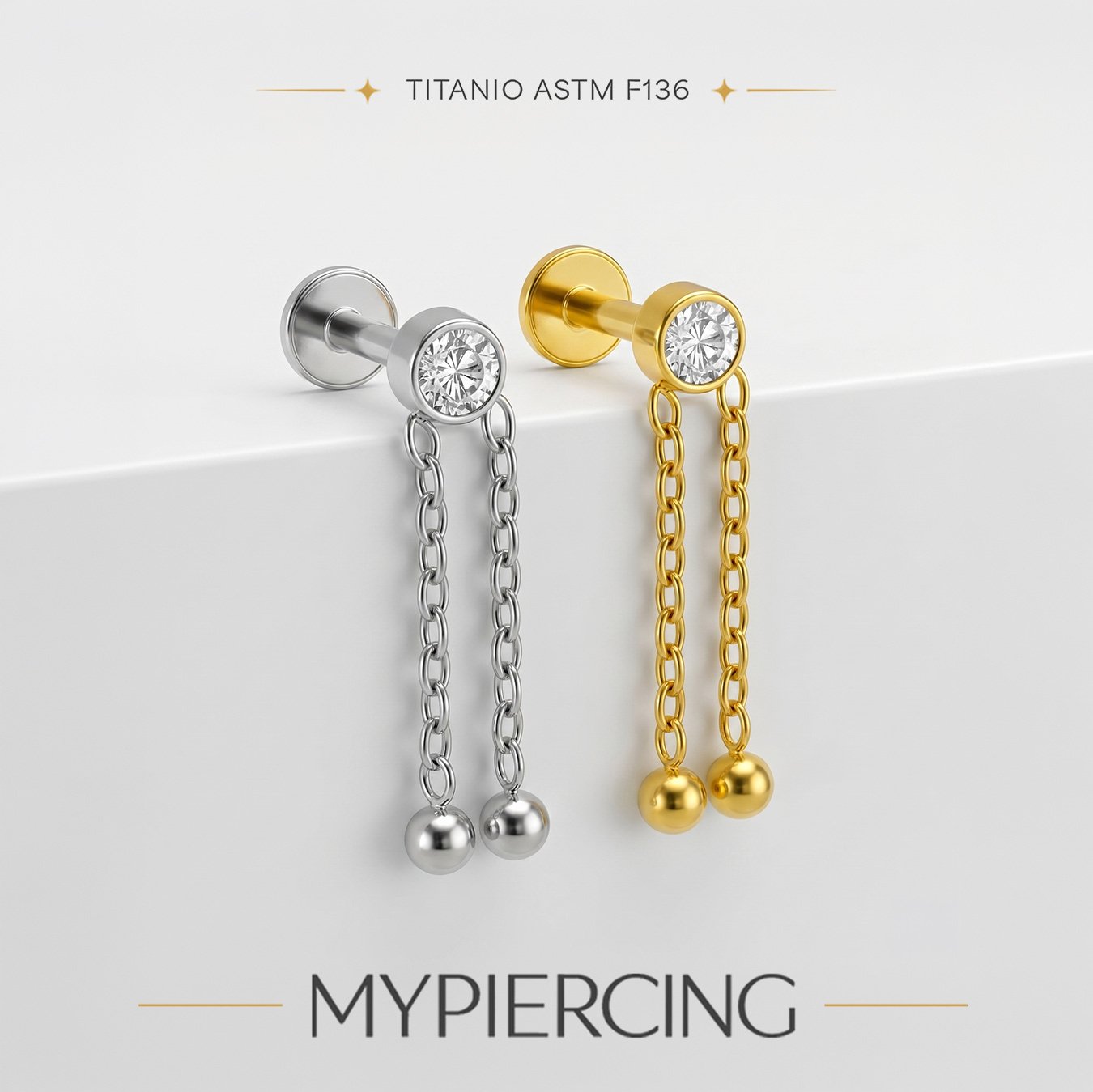 Labret Punto di Luce con 2 Catene e Beads in Titanio ASTM F136 - immagine 2