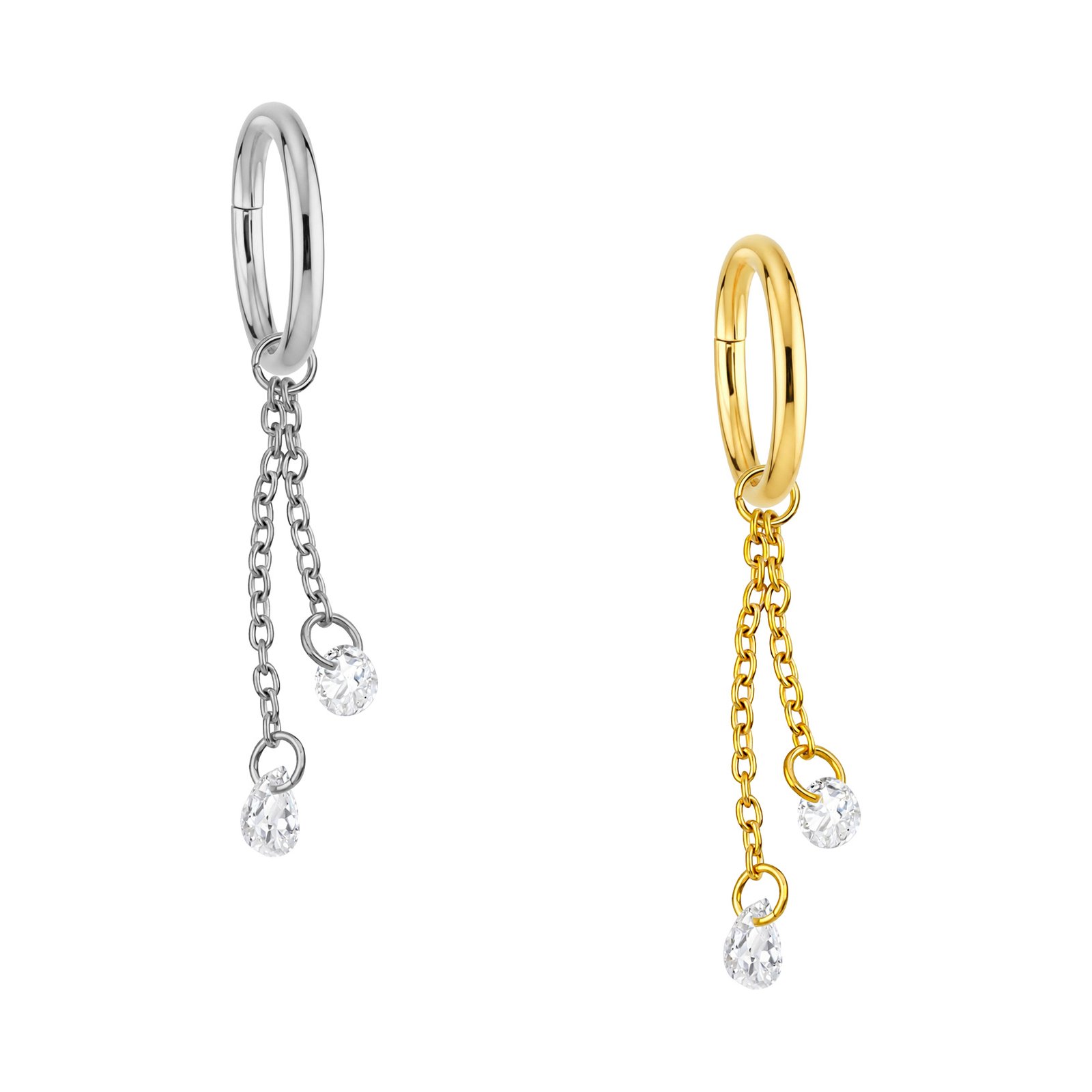 Anello Clicker in Titanio con Doppia Catena e Zirconi Pendenti