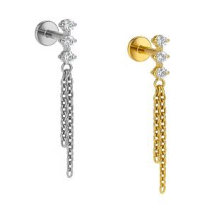 Labret in Titanio con Tre Zirconi e Catene Pendenti