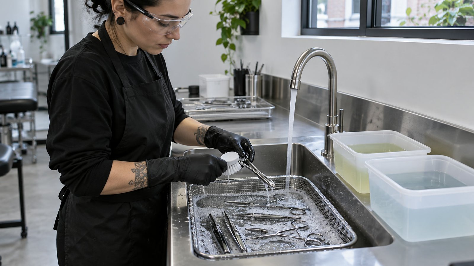 Een medewerker reinigt herbruikbare instrumenten in een spoelbak; op het werkblad staan aparte bakken.