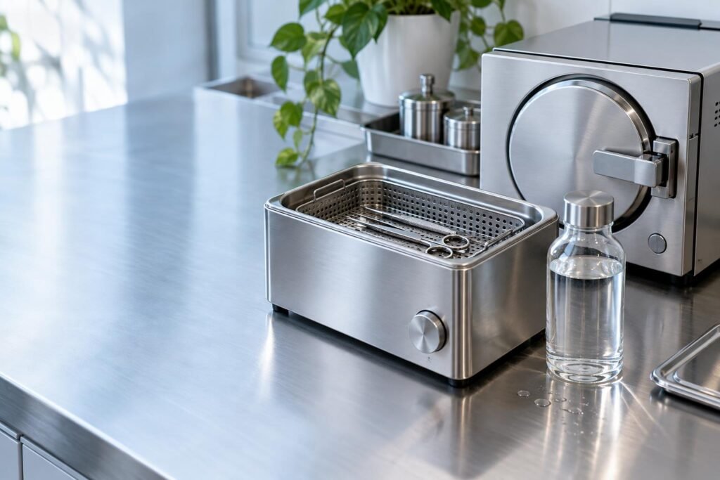 Vasca a ultrasuoni con strumenti riutilizzabili e autoclave da banco accanto a un flacone d’acqua senza etichetta.