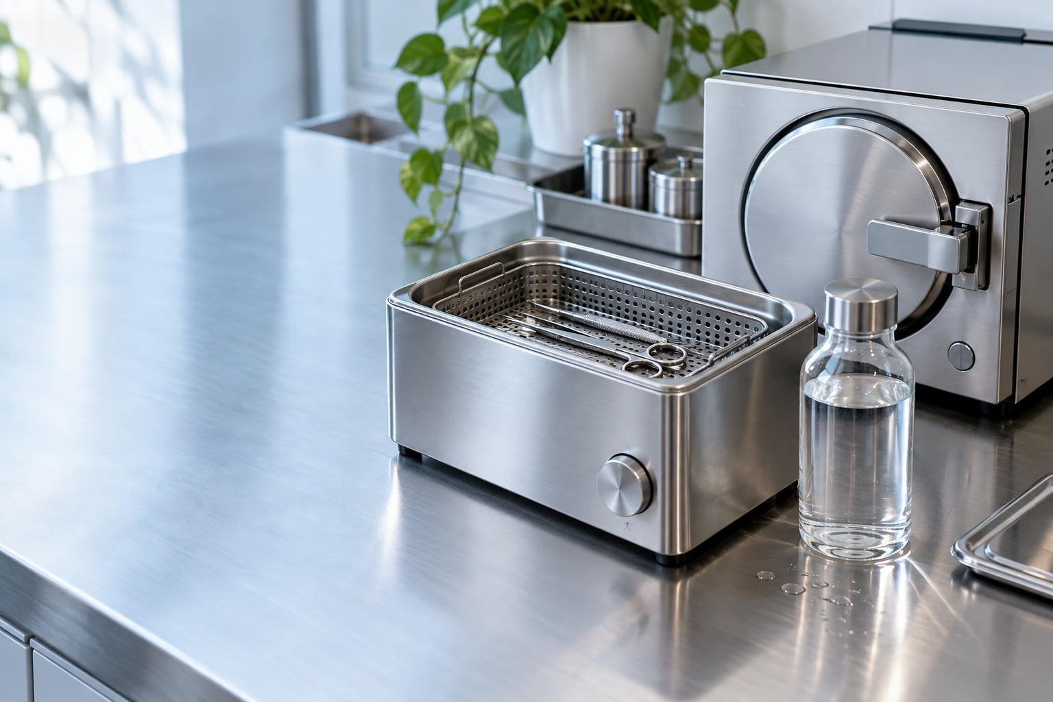 Vasca a ultrasuoni con strumenti riutilizzabili e autoclave da banco accanto a un flacone d’acqua senza etichetta.