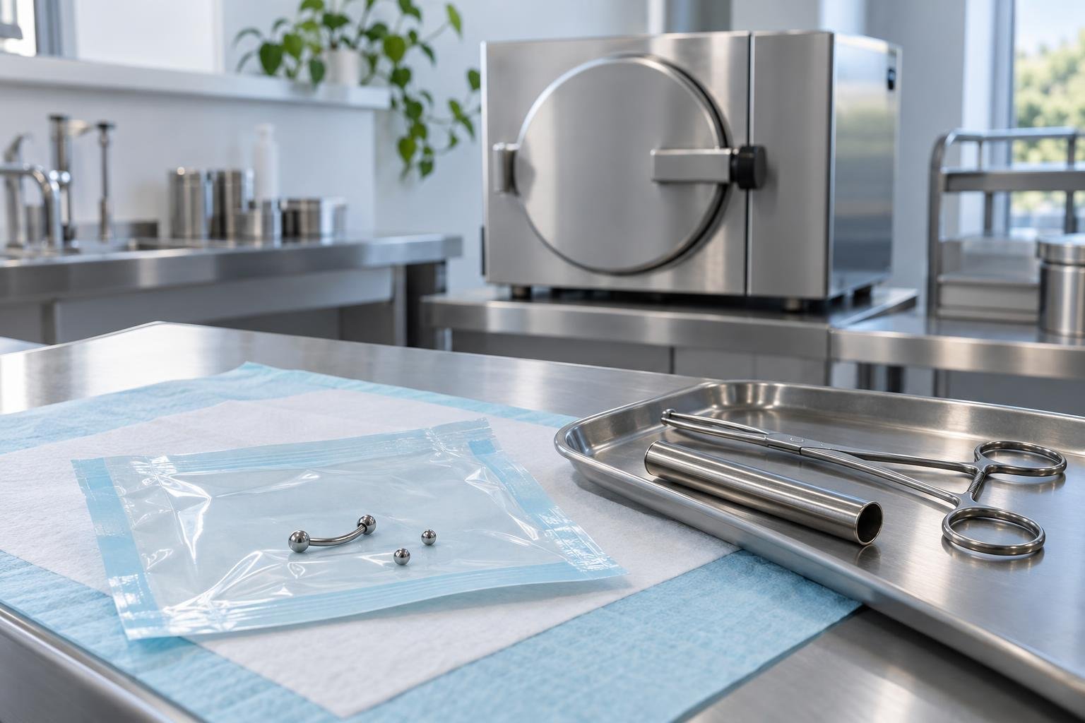Autoclave da banco accanto a una confezione per sterilizzazione e a strumenti e gioielli da piercing
