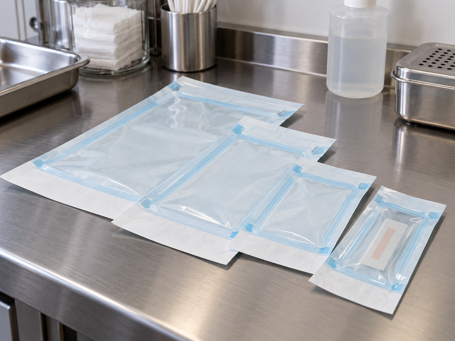 Buste per sterilizzazione con bordi sigillati e indicatori esterni.