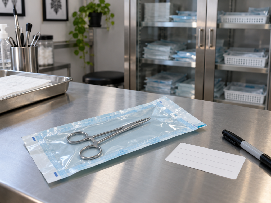 Busta termosaldata per sterilizzazione con strumenti, accanto a un’etichetta bianca e a un pennarello su un piano in acciaio.