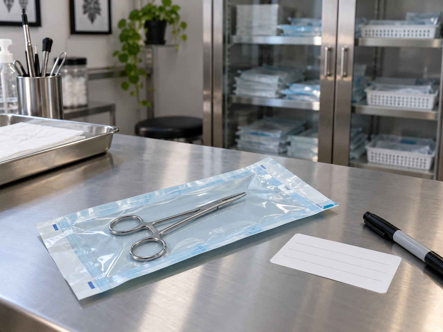 Busta termosaldata per sterilizzazione con strumenti, accanto a un’etichetta bianca e a un pennarello su un piano in acciaio.