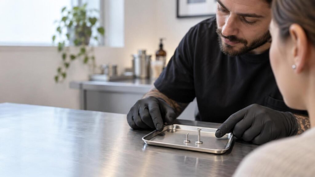Piercer valuta il piercing all’orecchio di una cliente durante un controllo in studio.