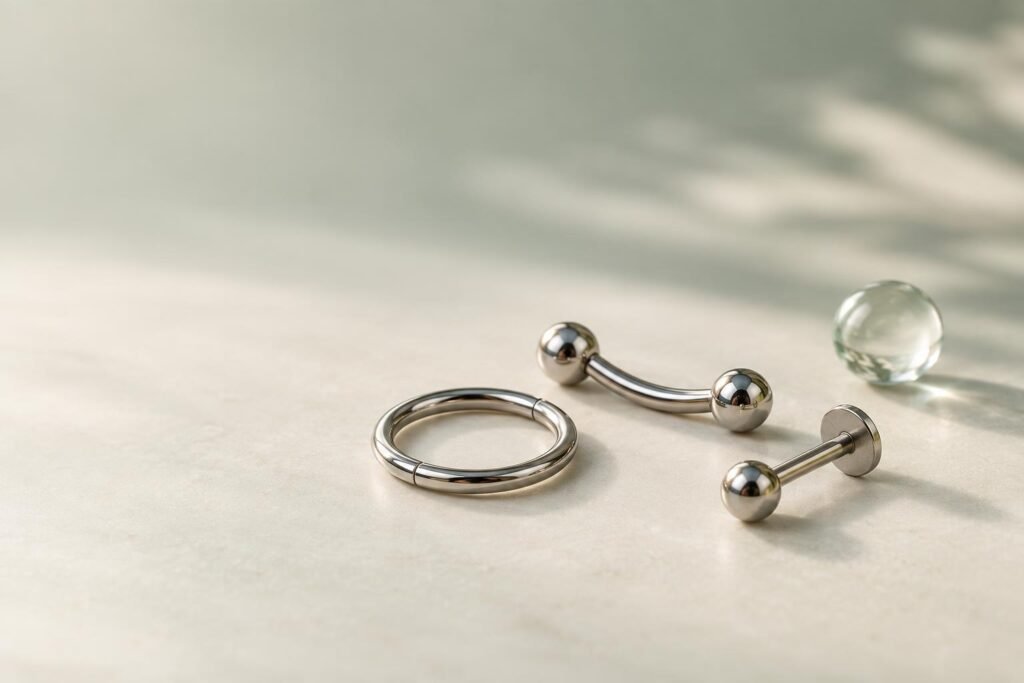 Gioielli da piercing in metallo lucido e un piccolo elemento trasparente disposti su una superficie chiara