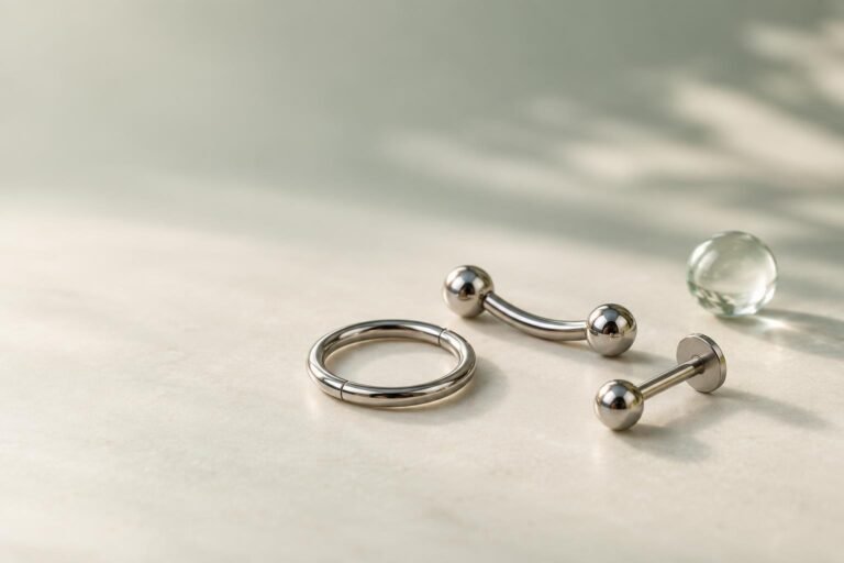 Glanzende metalen piercingsieraden en een klein transparant onderdeel op een lichte ondergrond