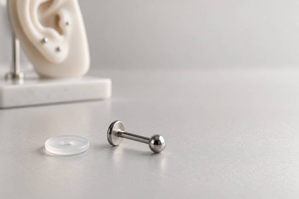 Disco traslucido in silicone accanto a un gioiello flat-back per piercing