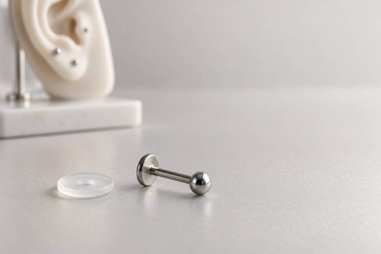 Doorschijnend siliconen schijfje naast een flatback-piercingsieraad