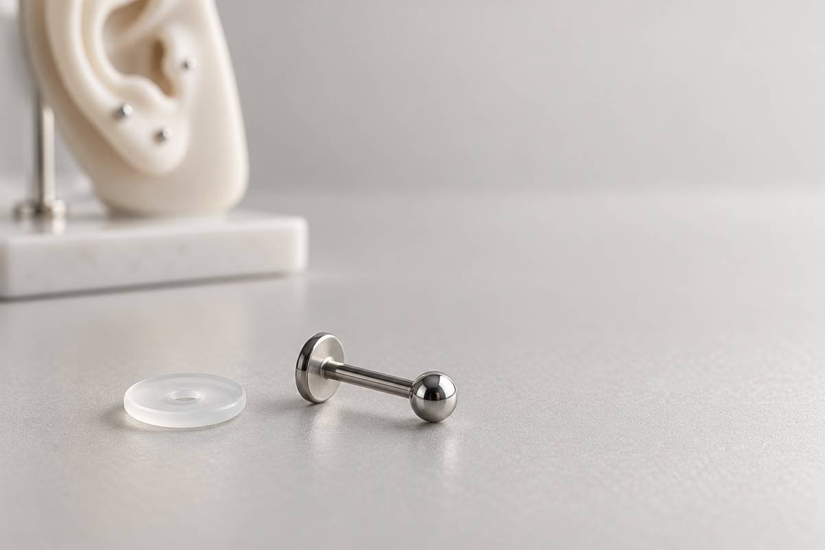 Disco traslucido in silicone accanto a un gioiello flat-back per piercing