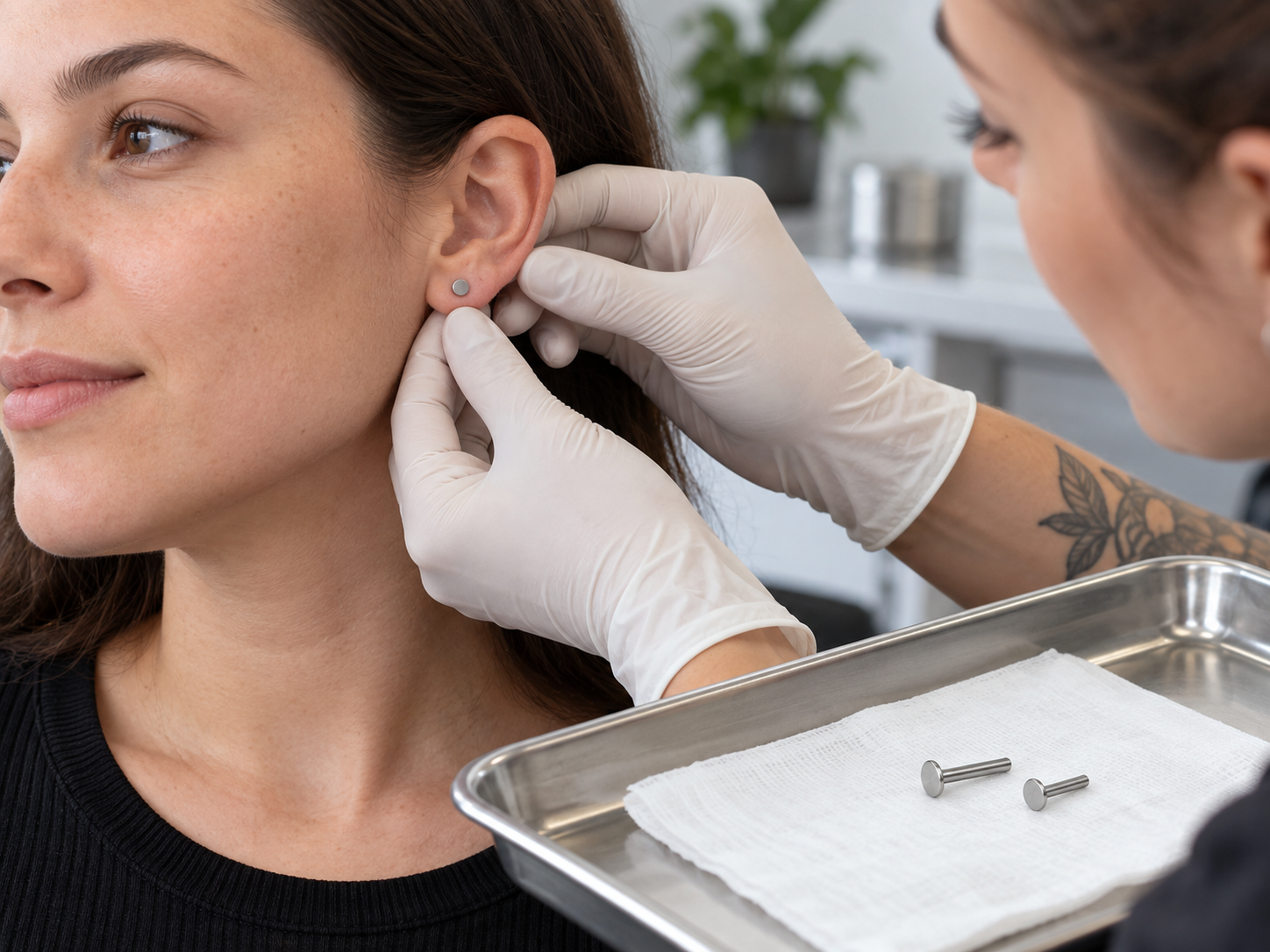 Piercer consulta due aste di gioiello con perni di lunghezza diversa durante la valutazione del downsize.