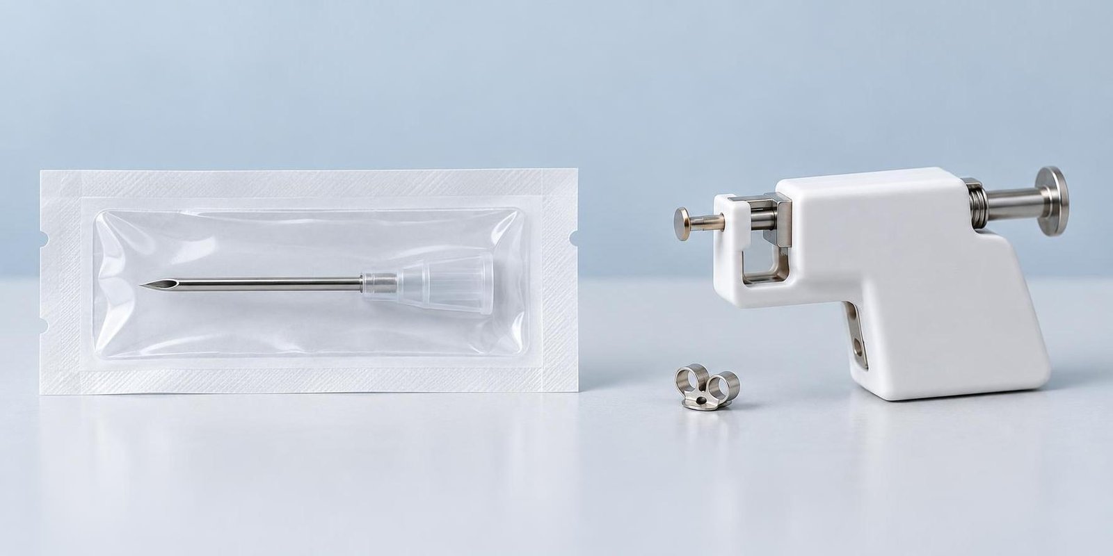 Confezione generica di ago sterile monouso accanto a un dispositivo a pressione e a un orecchino con chiusura a farfallina