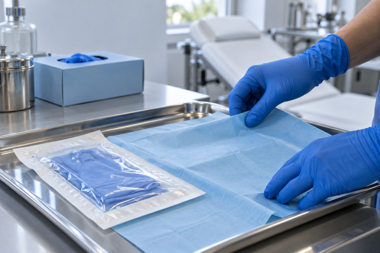 Handen met blauwe handschoenen leggen een steriel veld op een metalen tray naast een individuele verpakking handschoenen, in een schone omgeving.