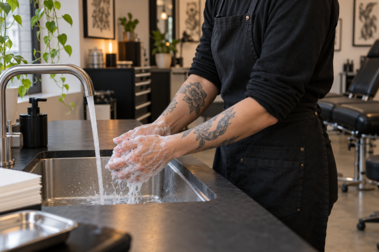 Een piercer wast de handen met water en zeep in een schone studio.