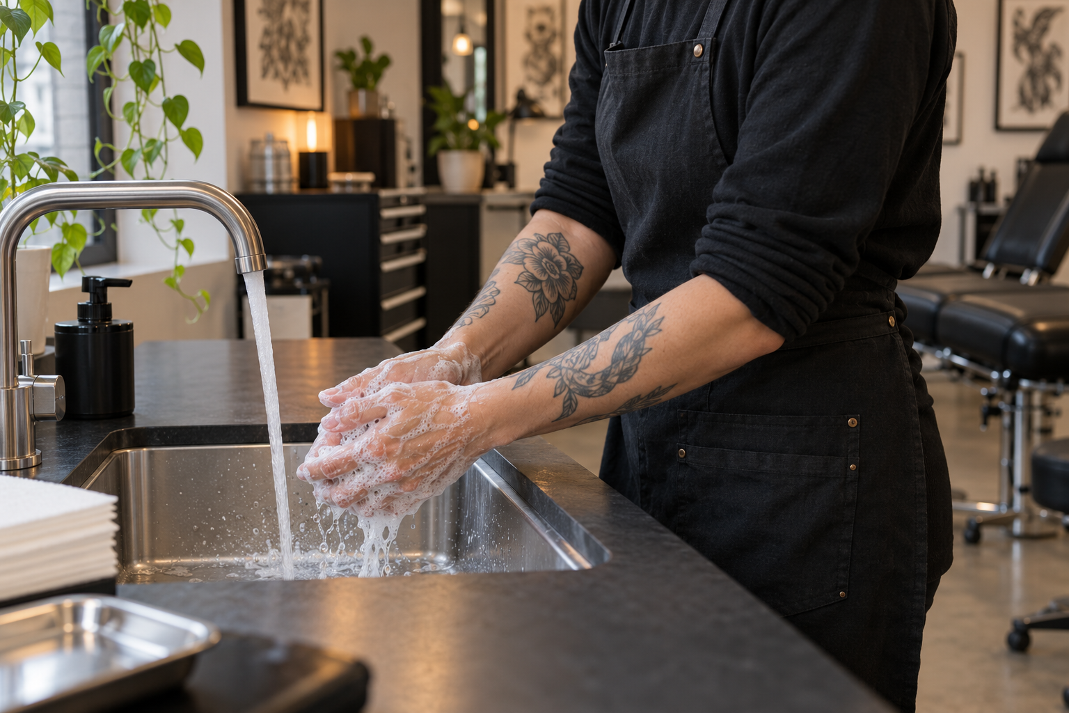 Een piercer wast de handen met water en zeep in een schone studio.