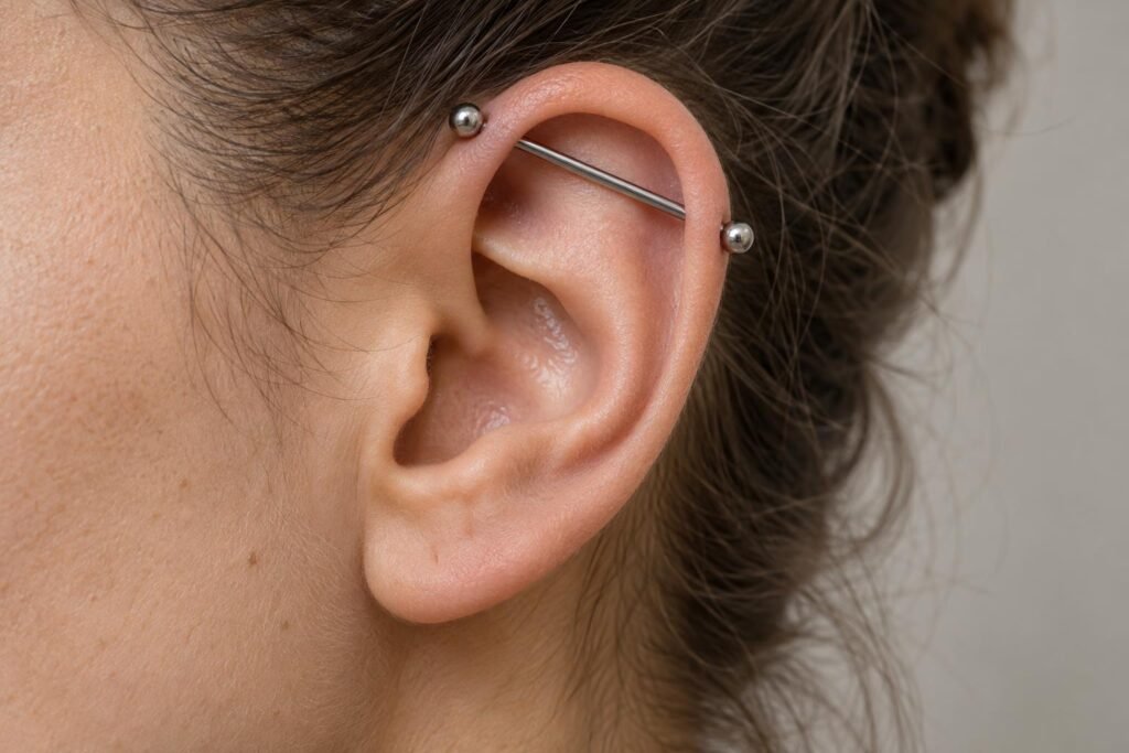 Orecchio adulto con Industrial piercing a barra dritta, fotografato di profilo per mostrare la relazione del gioiello con il bordo e la concavità auricolare.