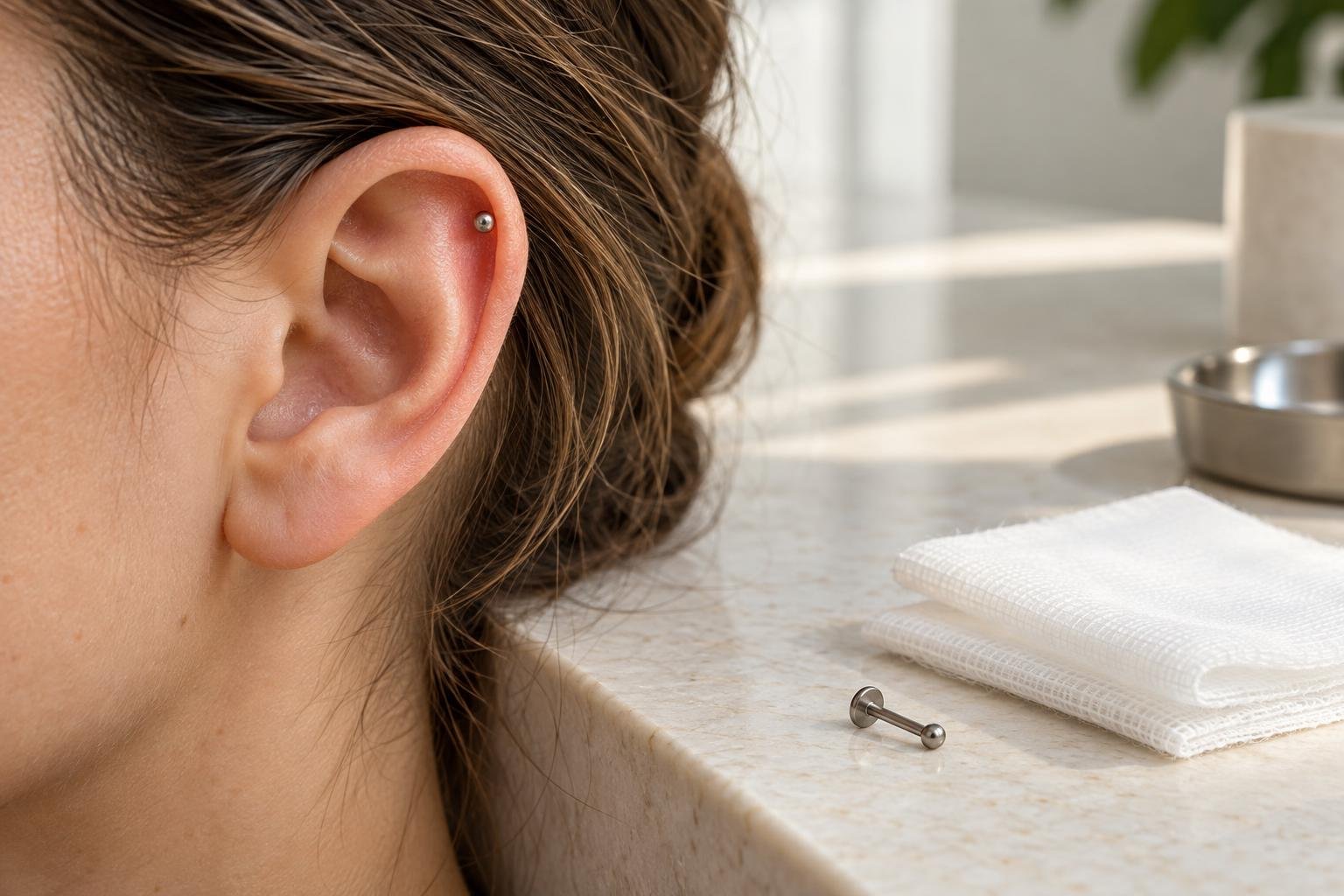 Fotografia di un orecchio con un piercing e di un gioiello appoggiato su un piano; non mostra un caso clinico
