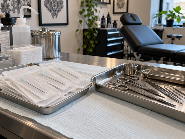 Steriele wegwerpzakjes en herbruikbare instrumenten op gescheiden trays in een piercingstudio.