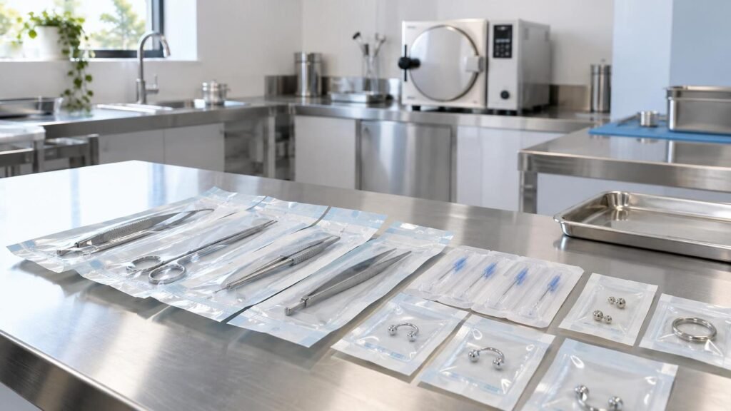 Postazione ordinata di uno studio di piercing con strumenti sterili imbustati e sterilizzatore a vapore sullo sfondo