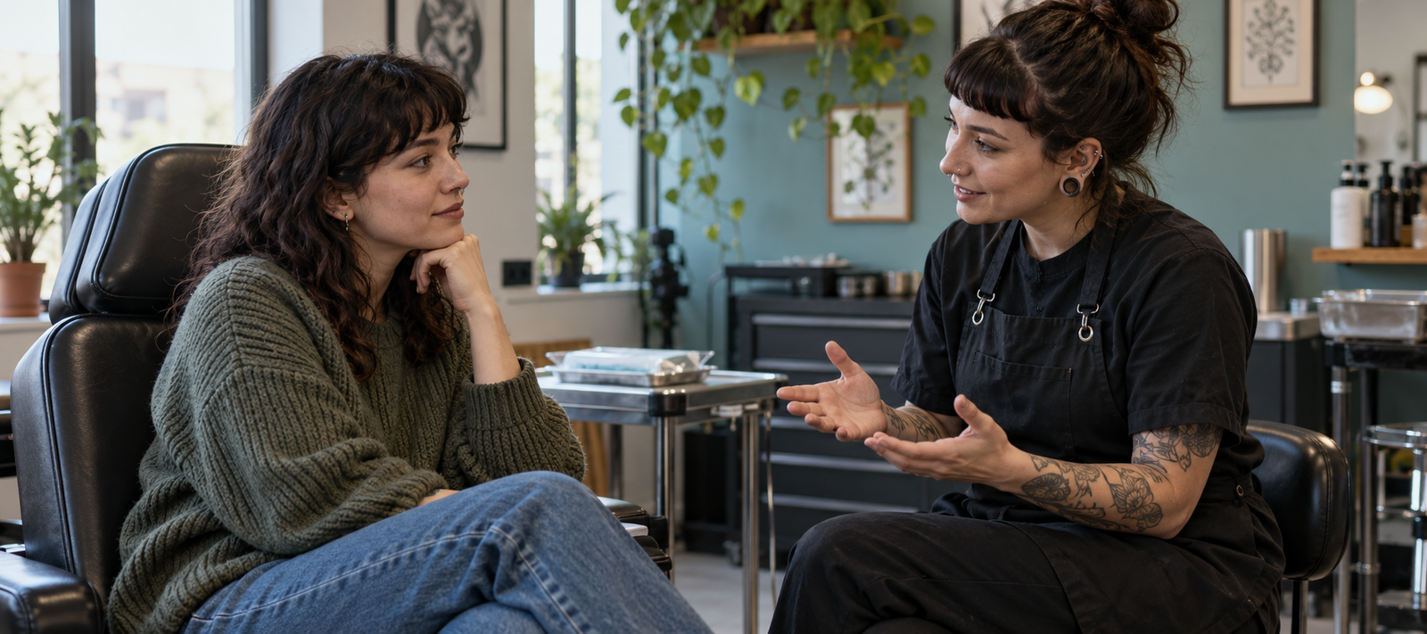 Een piercer luistert rustig naar een volwassen klant tijdens een consult in de studio.