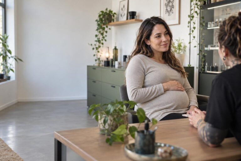 Redactionele illustratie over piercings tijdens zwangerschap en borstvoeding.