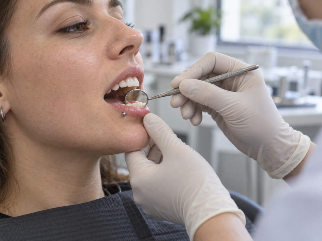 Dentista controlla i denti e le gengive di una persona con piercing al labbro.