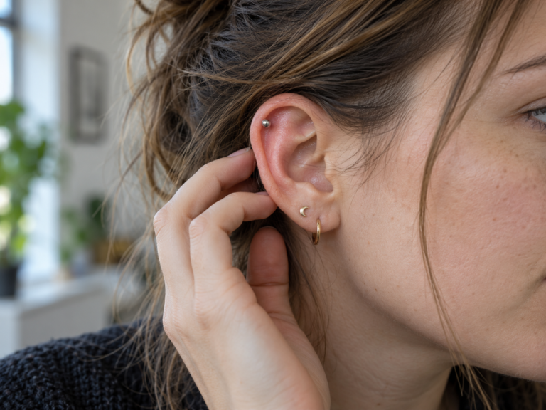 Volwassen oor met kleine genezende piercing, rustige huid en zonder zichtbaar letsel