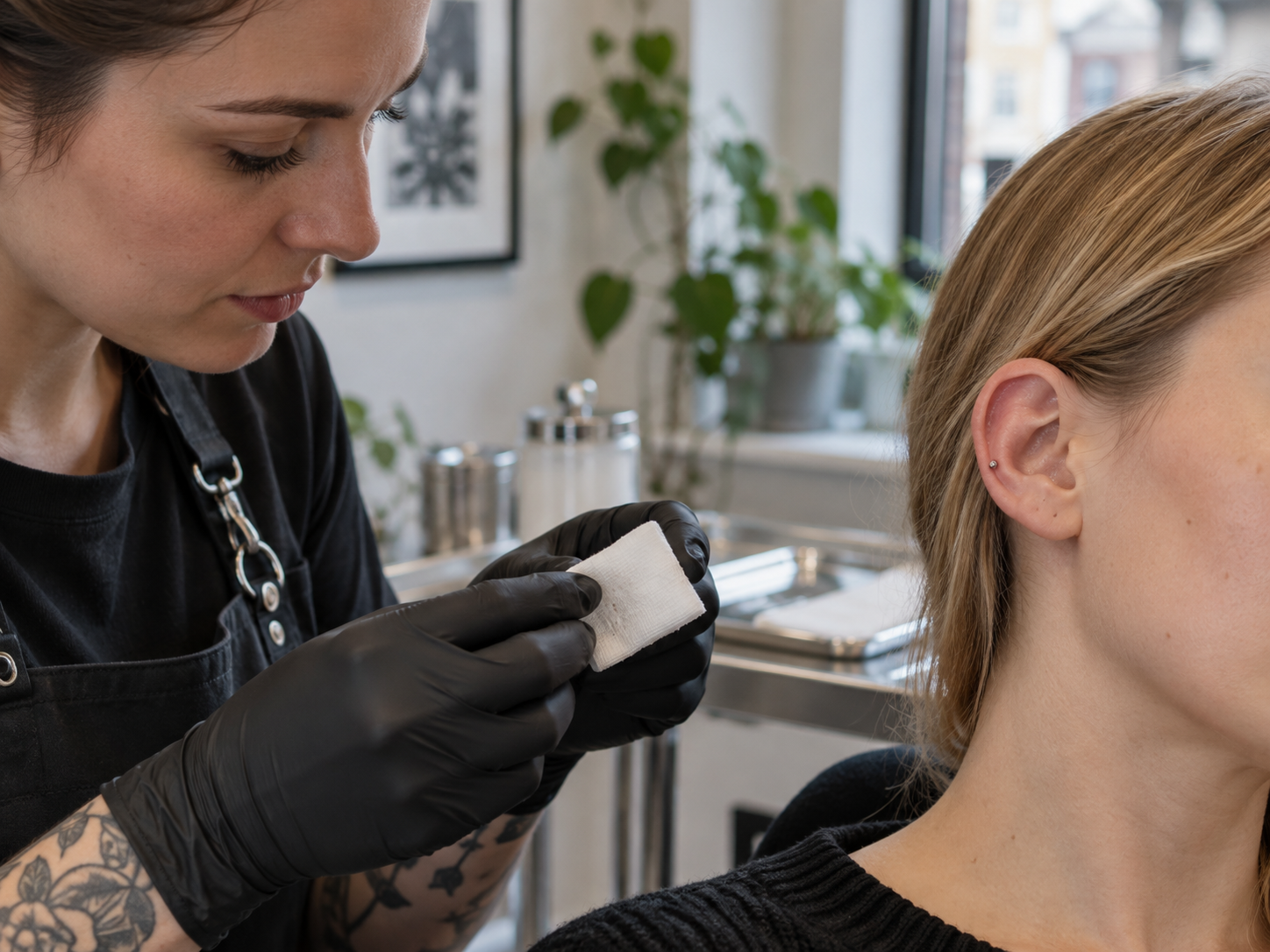 Professionista esamina una garza pulita accanto a un piercing, senza sangue visibile.