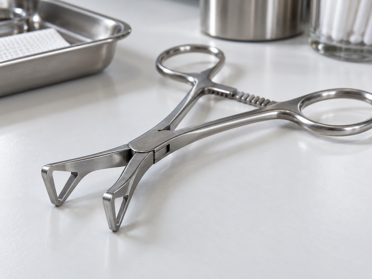 Pinza da piercing con ganasce triangolari aperte, appoggiata su un piano pulito.