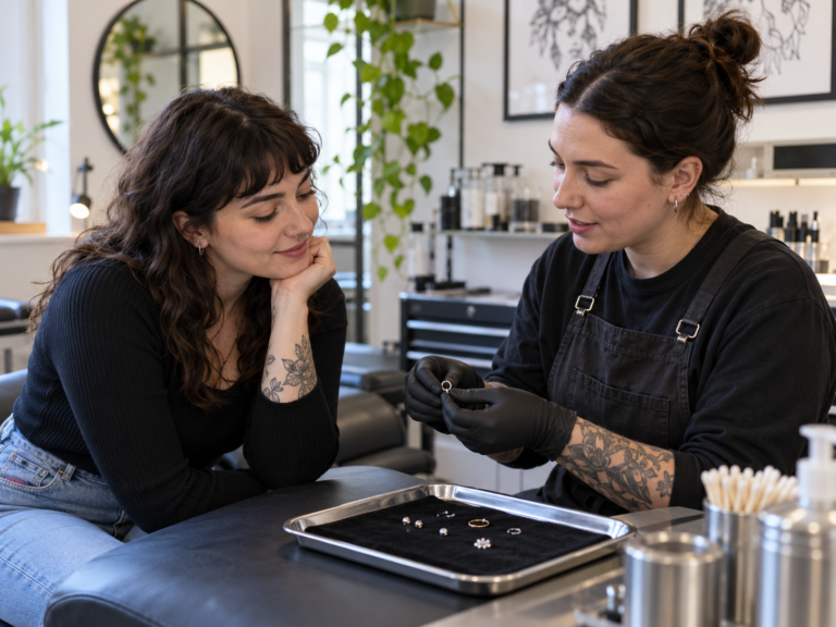 Piercer en klant bespreken in een schone studio het vervangen van een sieraad.