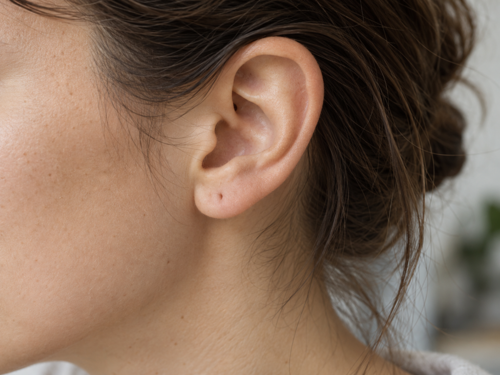 Orecchio senza gioielli, con due fori visibili, fotografato in luce naturale.
