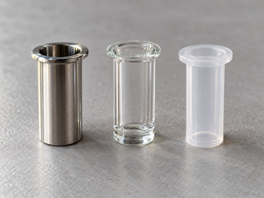 Tre receiving tube affiancati: acciaio, vetro e plastica monouso.