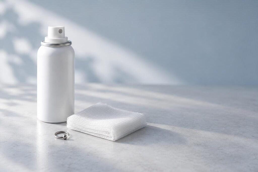 Flacone spray bianco non etichettato, garza piegata e gioiello a cerchio con sfera su un piano chiaro.