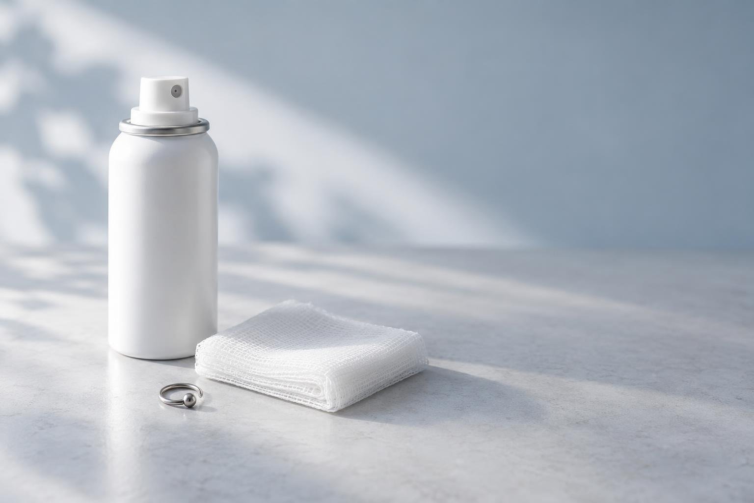 Flacone spray bianco non etichettato, garza piegata e gioiello a cerchio con sfera su un piano chiaro