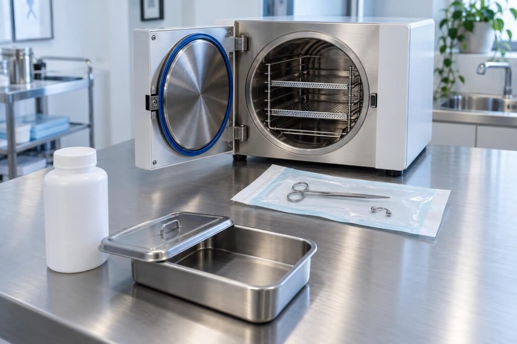 Autoclave a vapore e vaschetta chimica chiusa su banco di studio professionale