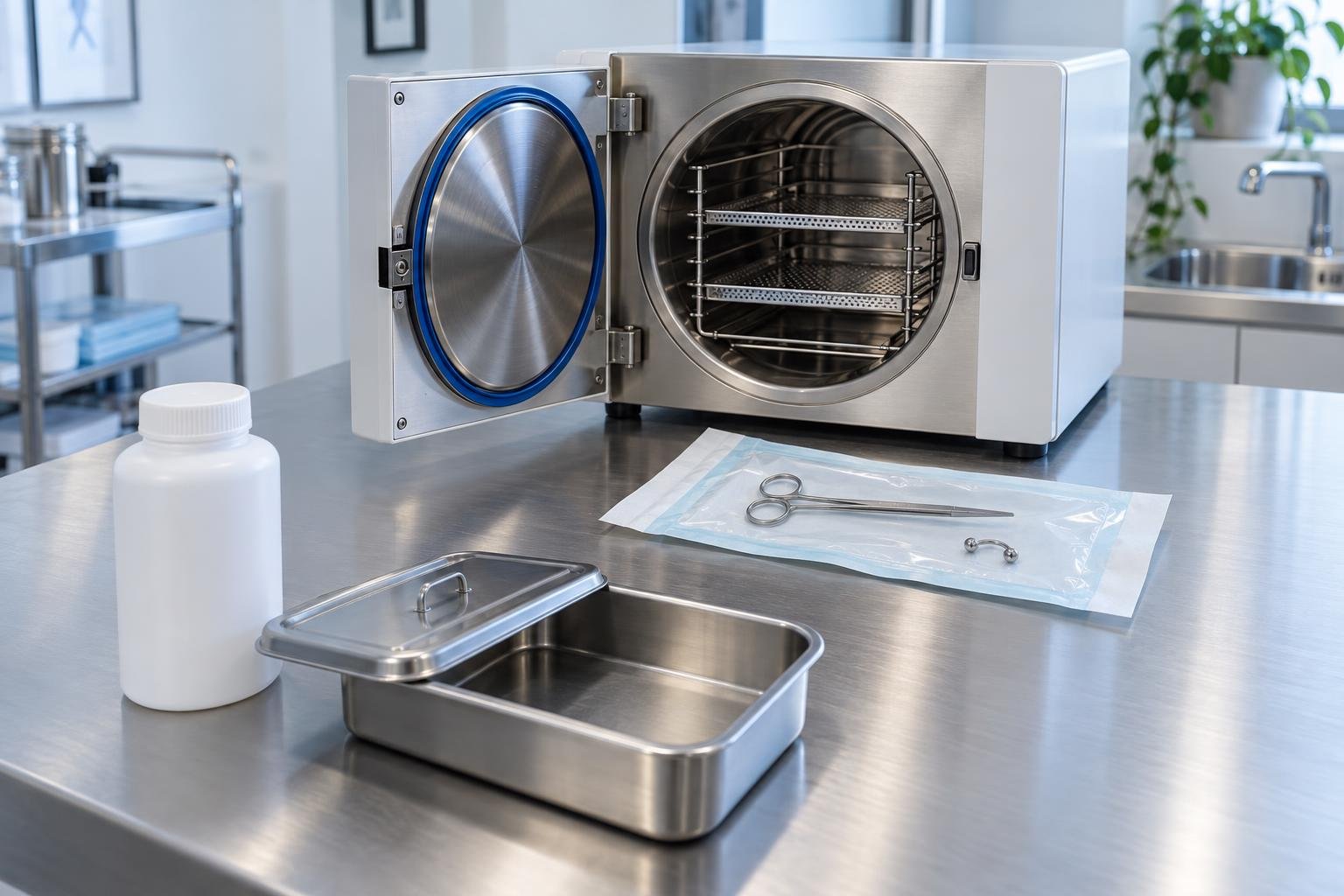 Autoclave a vapore da banco e confezione per sterilizzazione accanto a una vaschetta chimica chiusa, su un banco pulito di studio professionale