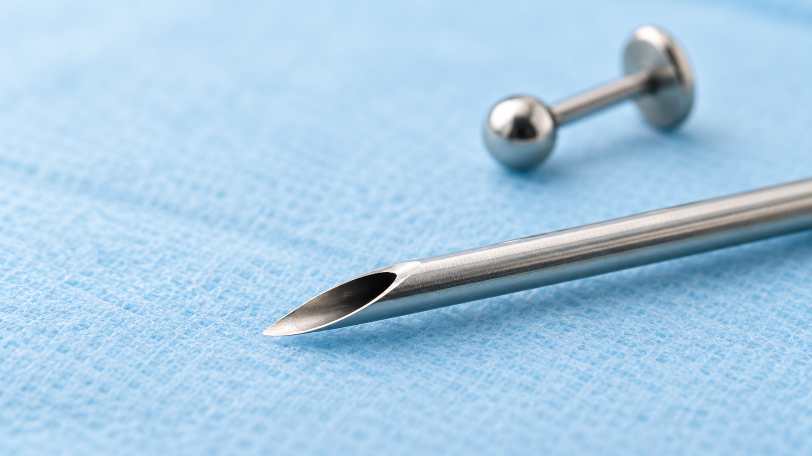 Een holle stalen naald met een schuine punt en een onscherp labret-sieraad op een blauw doek; illustratief en niet gekoppeld aan een specifiek model.