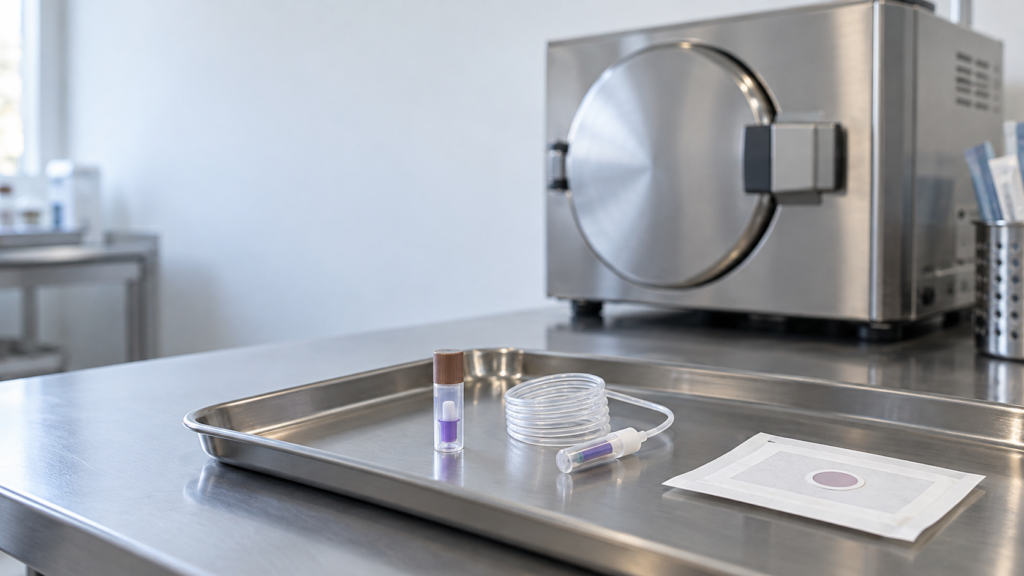 Indicatori per test biologico e prova di rimozione dell’aria accanto a una sterilizzatrice a vapore da banco.
