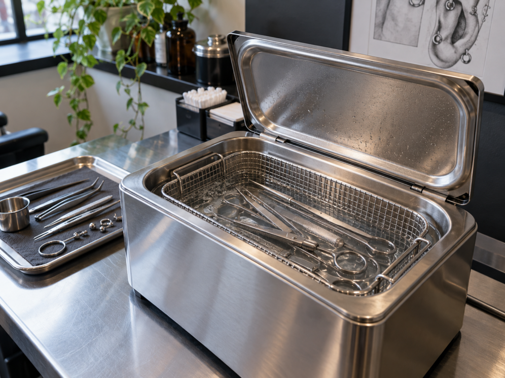 Vasca a ultrasuoni da banco con cestello metallico e strumenti immersi nel bagno.